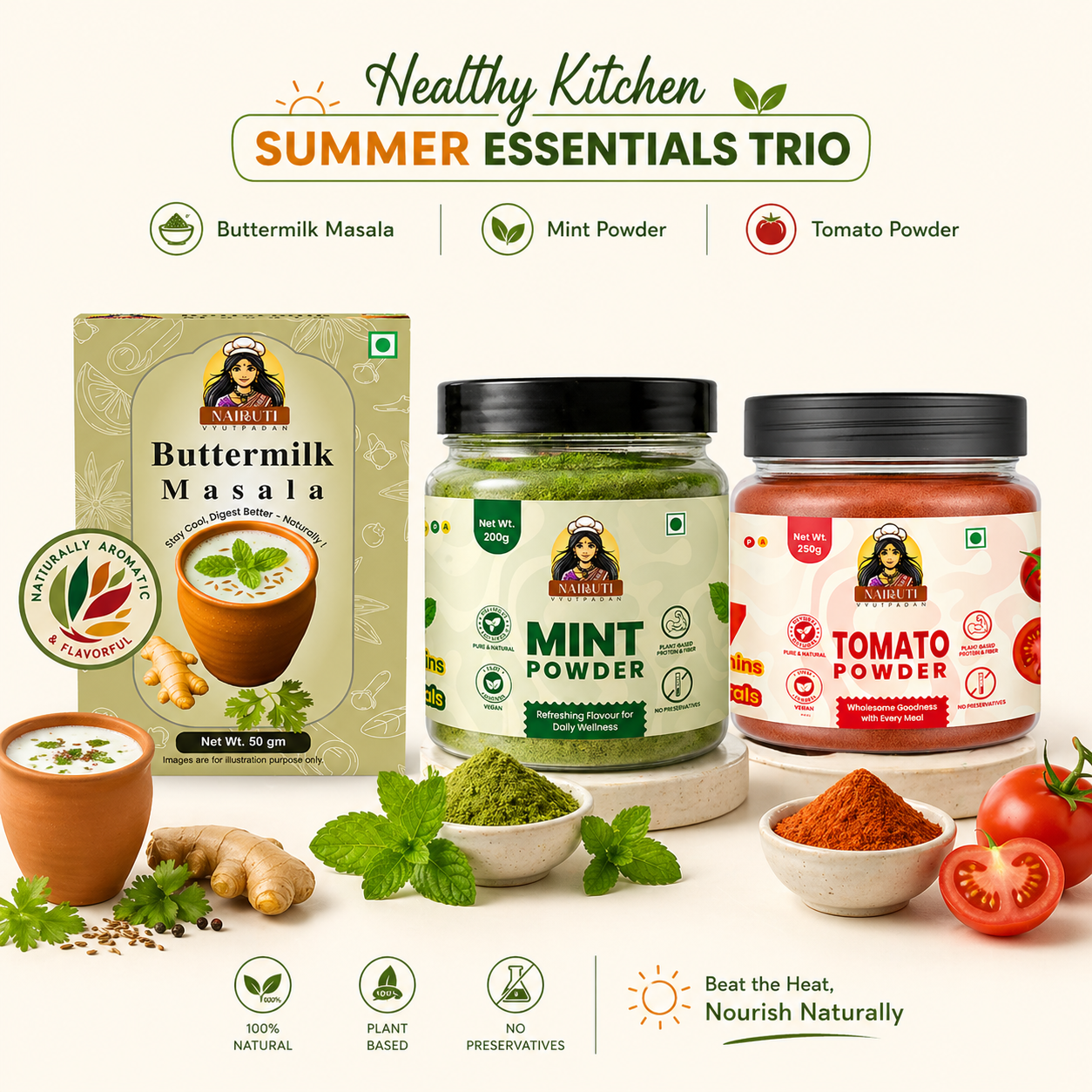 Healthy Kitchen Summer Essentials Trio | Buttermilk Masala, Mint & Tomato Powder