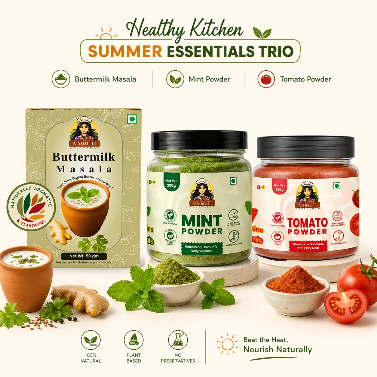 Healthy Kitchen Summer Essentials Trio | Buttermilk Masala, Mint & Tomato Powder