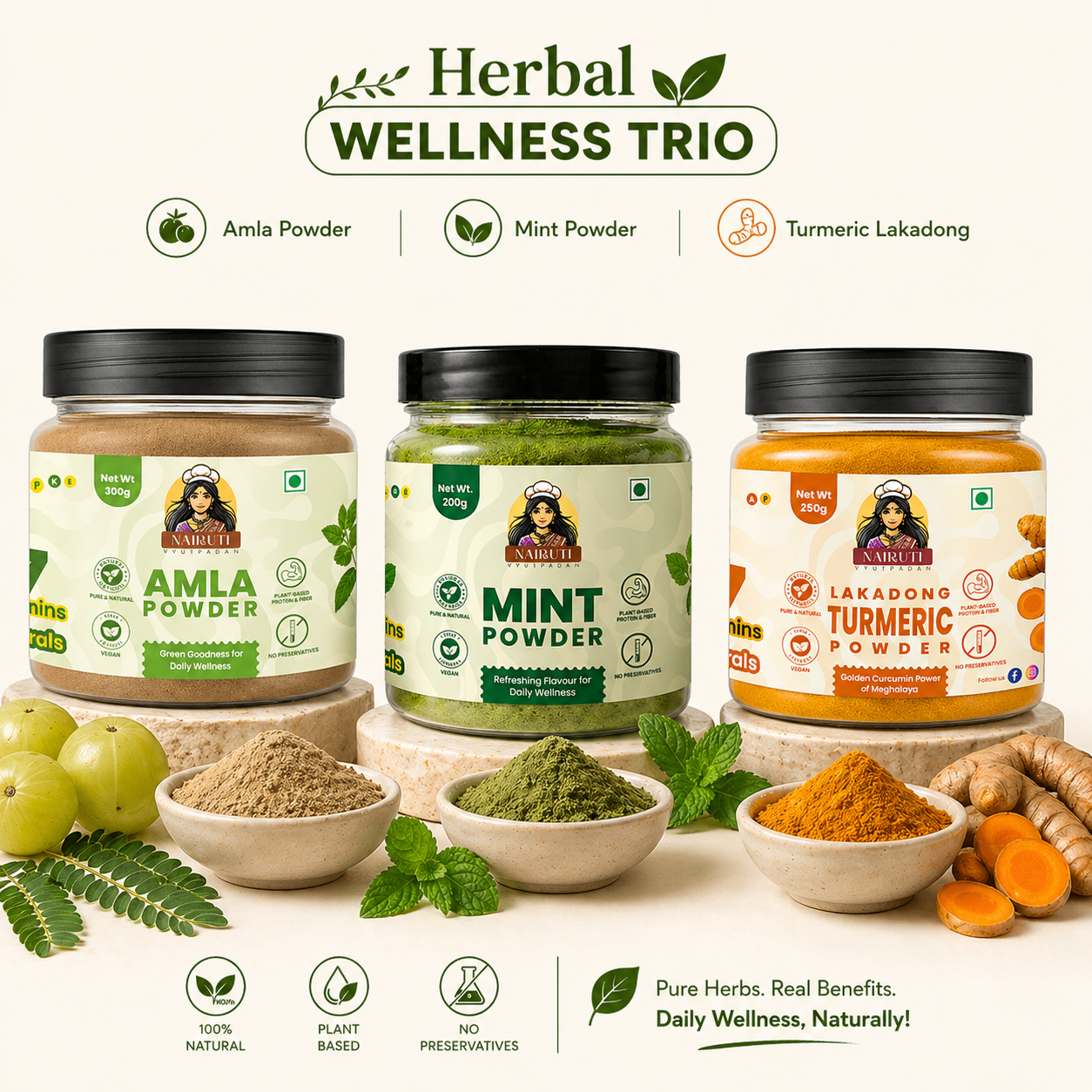 Herbal Wellness Trio | Amla, Lakadong Turmeric & Mint Powder