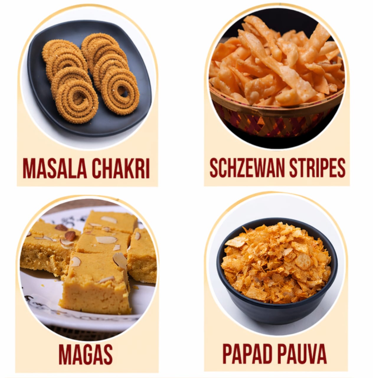 Swad No Sangam | Masala Chakri, Schzewan Stripes, Magas & Papad Pauva