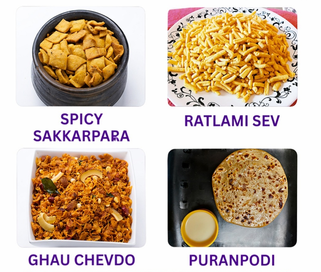 Fiest Treat Combo | Spicy Shakkarpara, Ratlami Sev, Ghau Chevdo & Makai no Chevdo