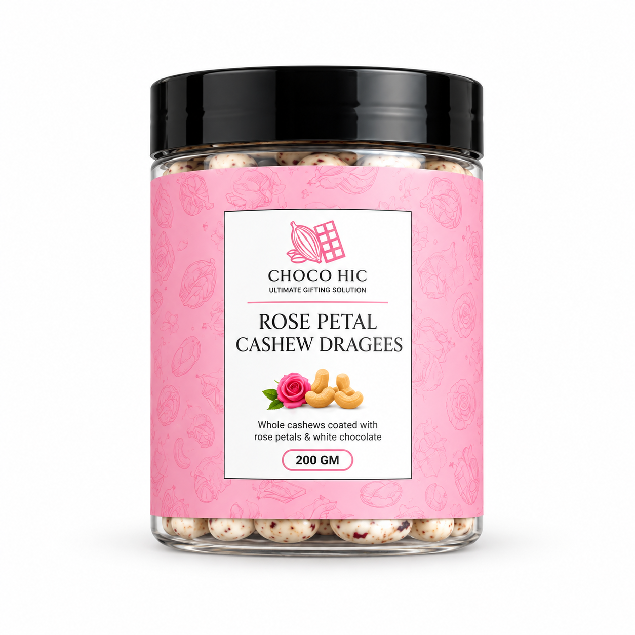 Rose Petal Cashew Dragees | Chocolate Coated Whole Cashews | 200 gms